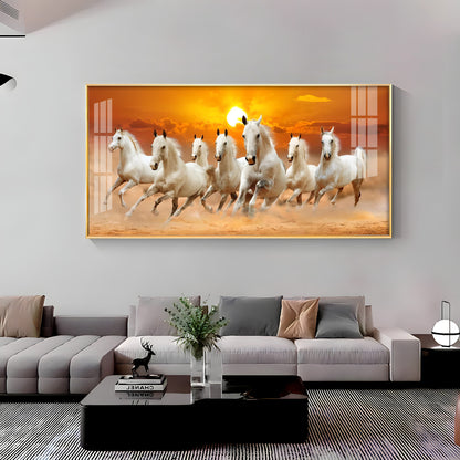 White 7 Running Horses Premium Acrylic Horizontal Wall Art