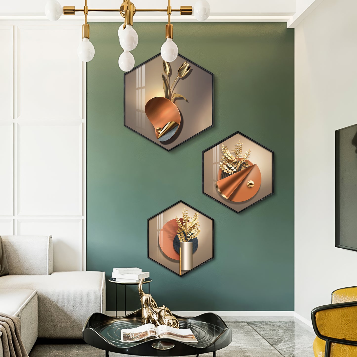 3D Petal Abstract Premium Acrylic Hexagon Wall Art (Set of 3)