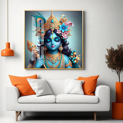 Beautiful Lord Krishna with Flute Premium Acrylic Square Wall Art