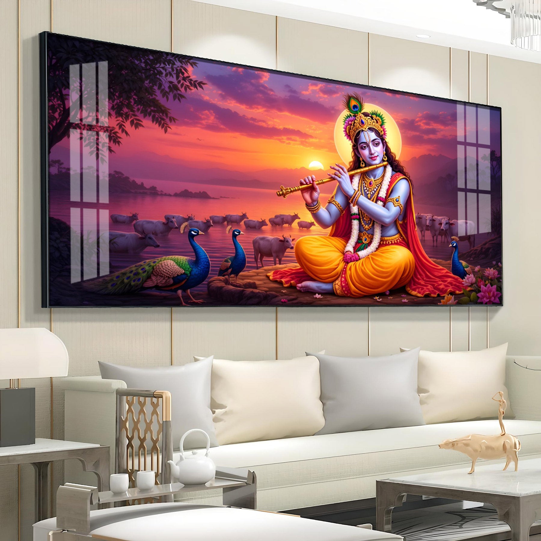 Lord Krishna Playing Flute In Sunset Premium Acrylic Horizontal Wall Art