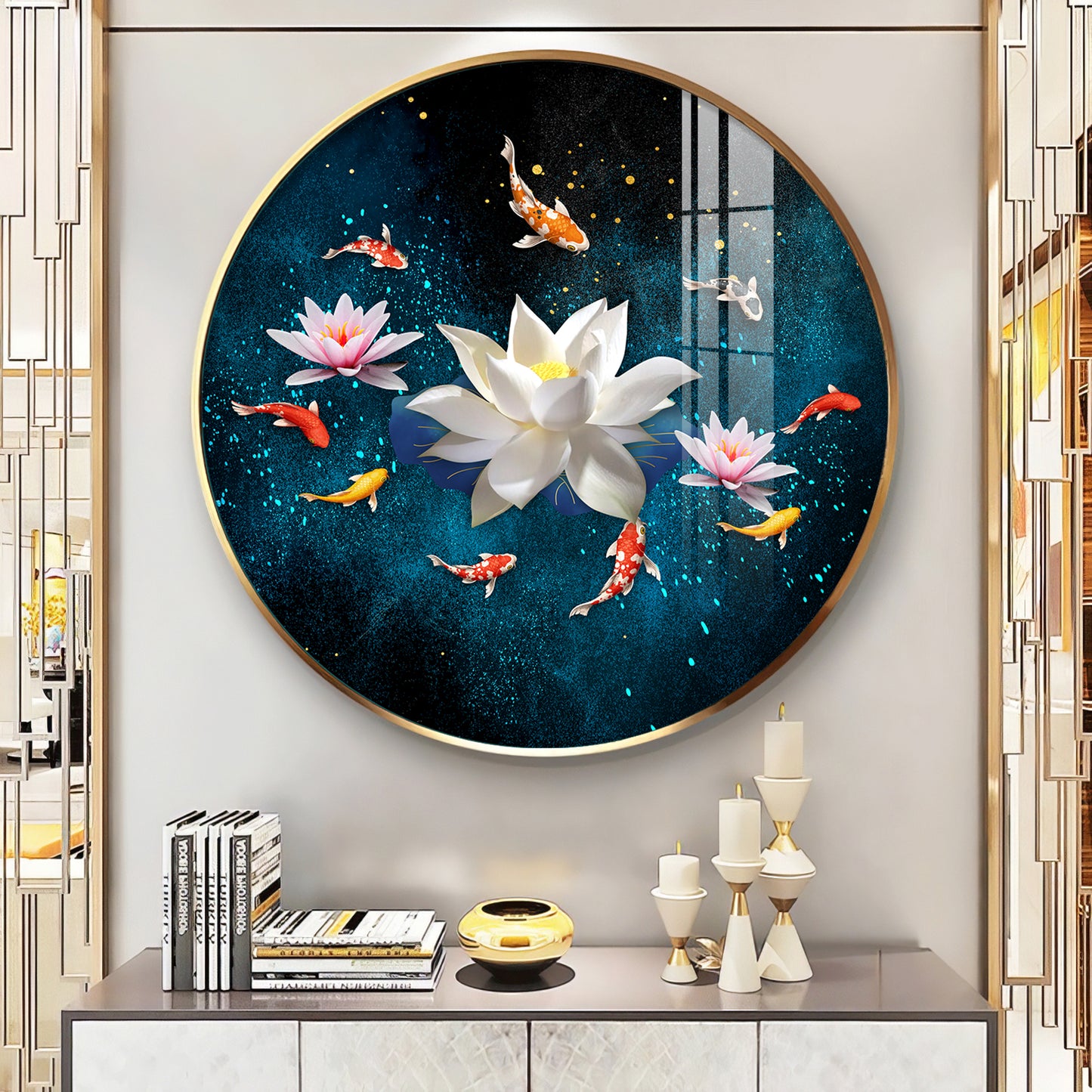 Lotus and Fish Premium Acrylic Round Wall Art