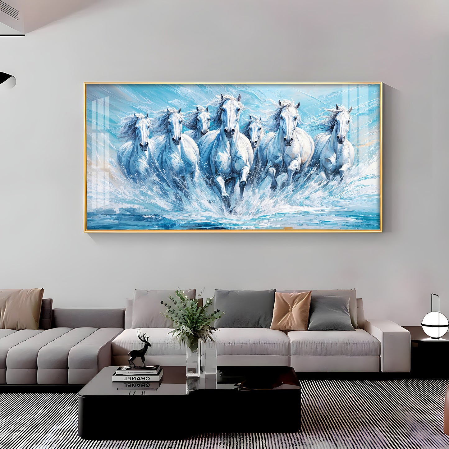 Running Horses in River Premium Acrylic Horizontal Wall Art