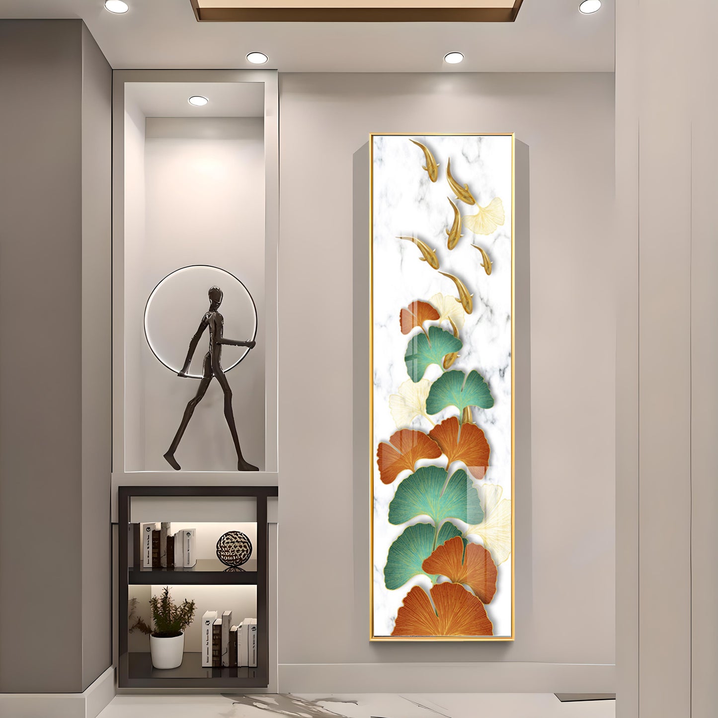 Golden Fish & Colorful Ginkgo Leaves Premium Acrylic Vertical Wall Art