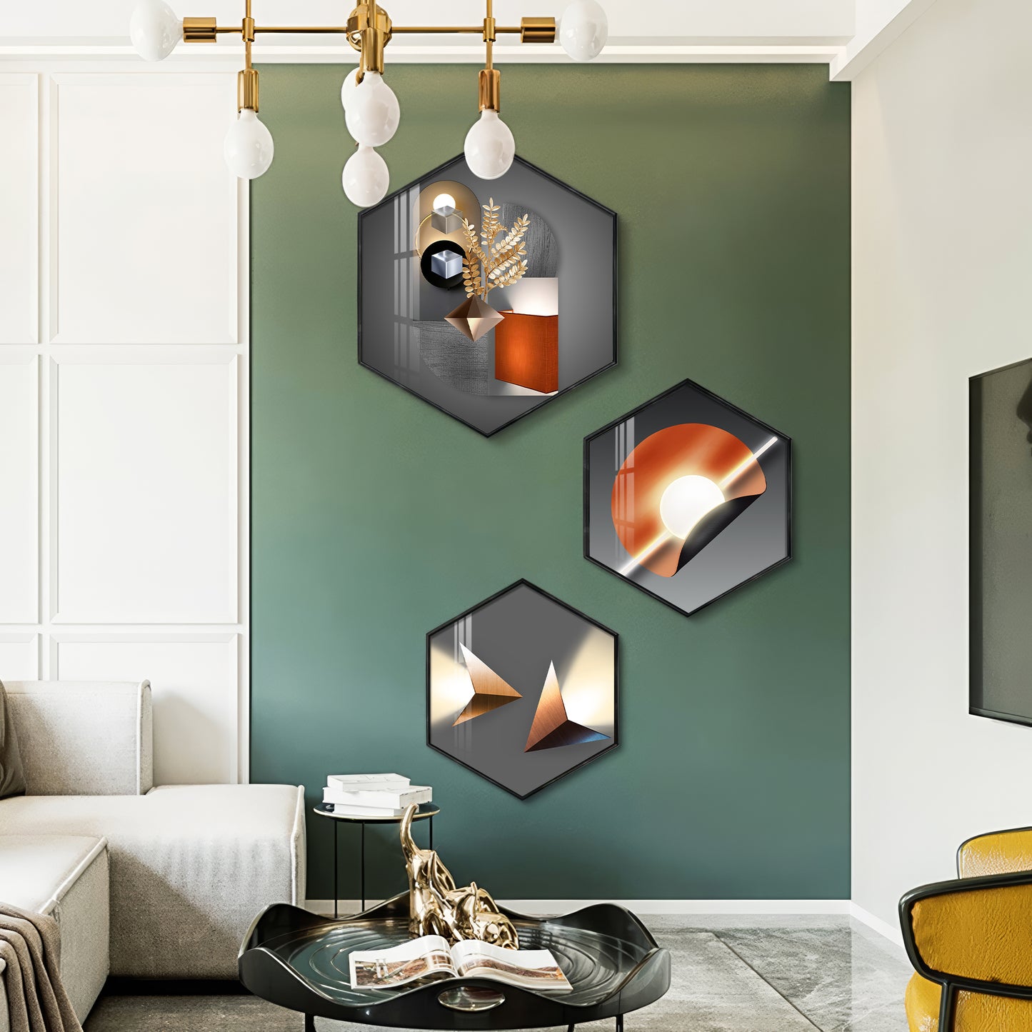 Luminious Abstract Premium Acrylic Hexagon Wall Art (Set of 3)