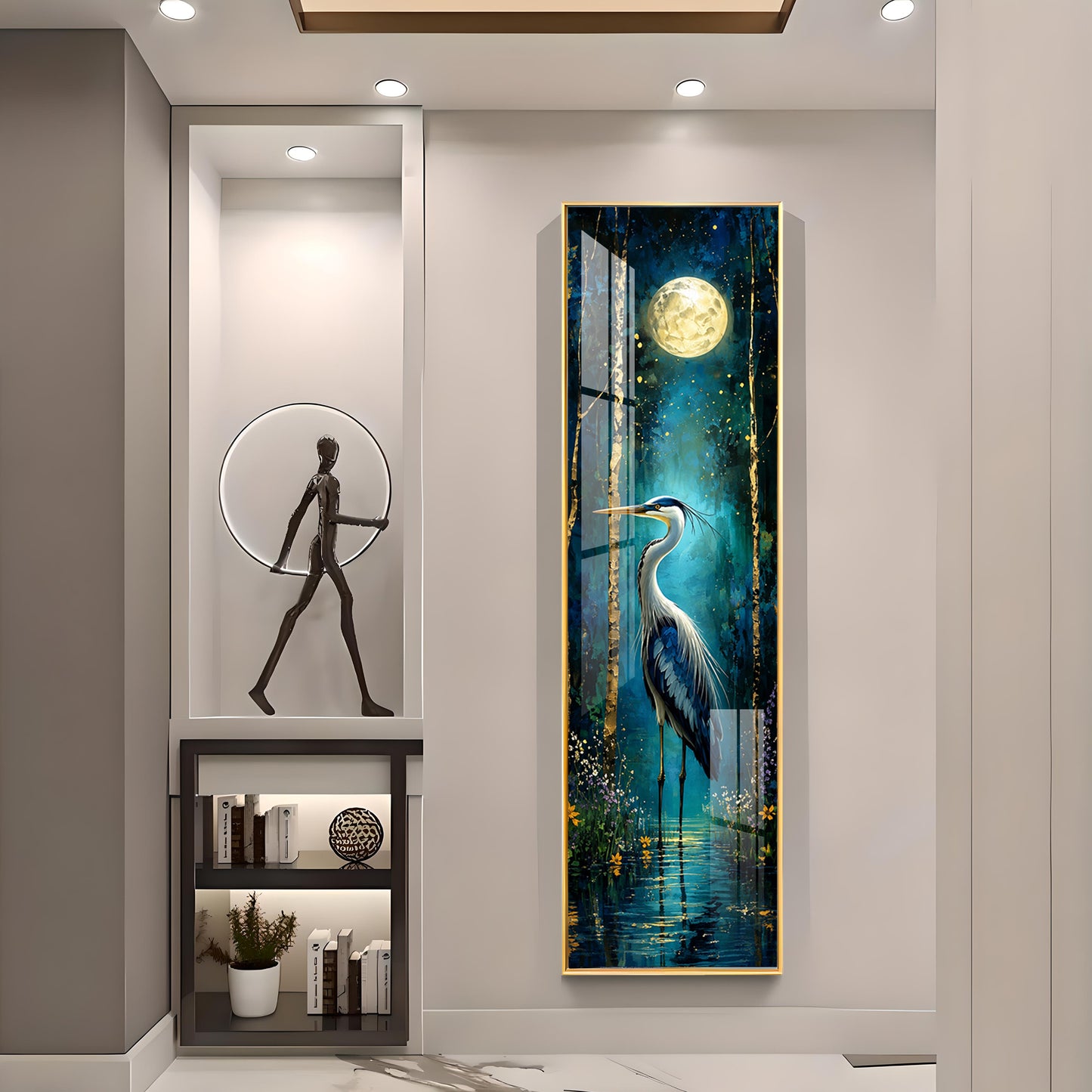Moonlit Heron in Forest Premium Acrylic Vertical Wall Art