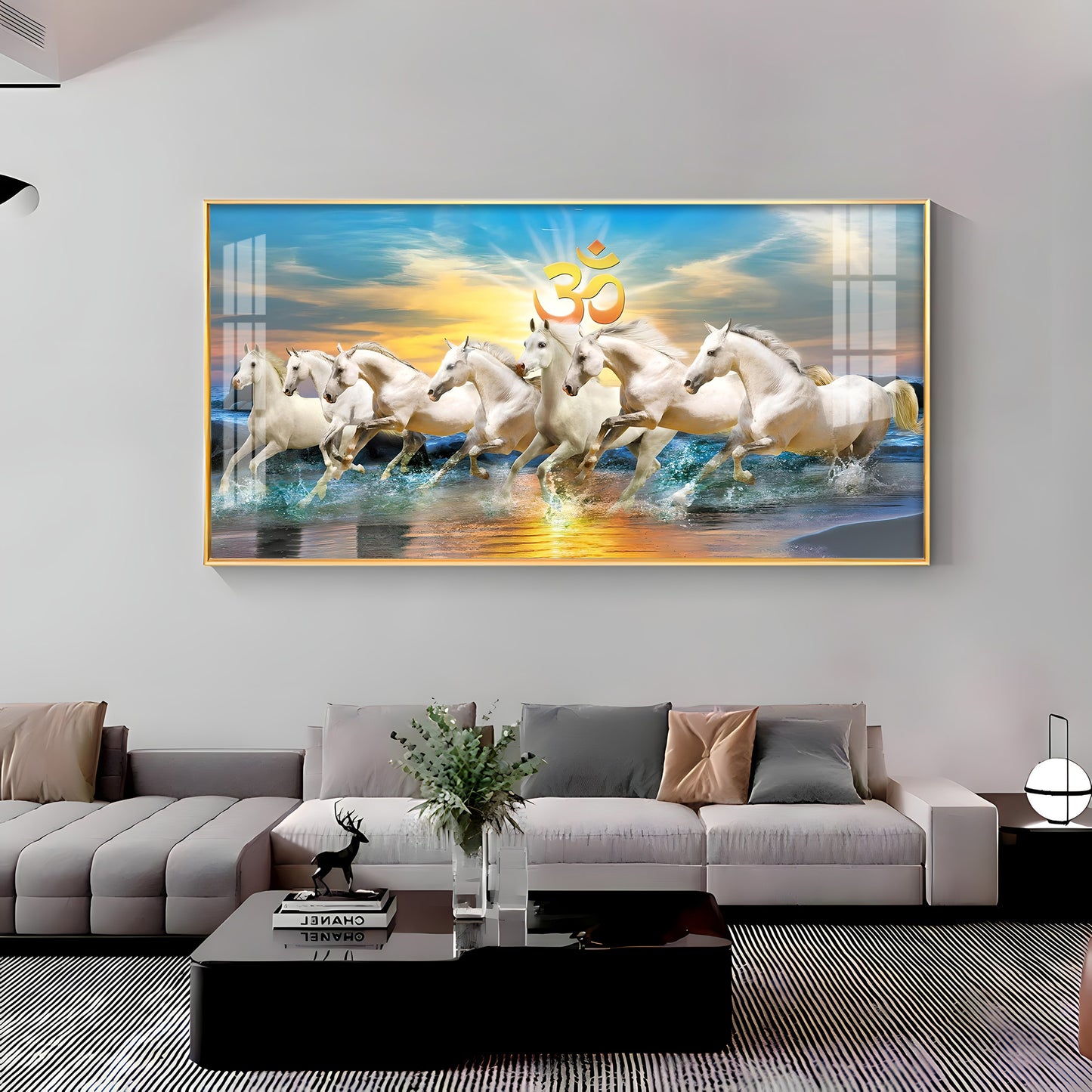 White Running Horses in Sea with Om Premium Acrylic Horizontal Wall Art