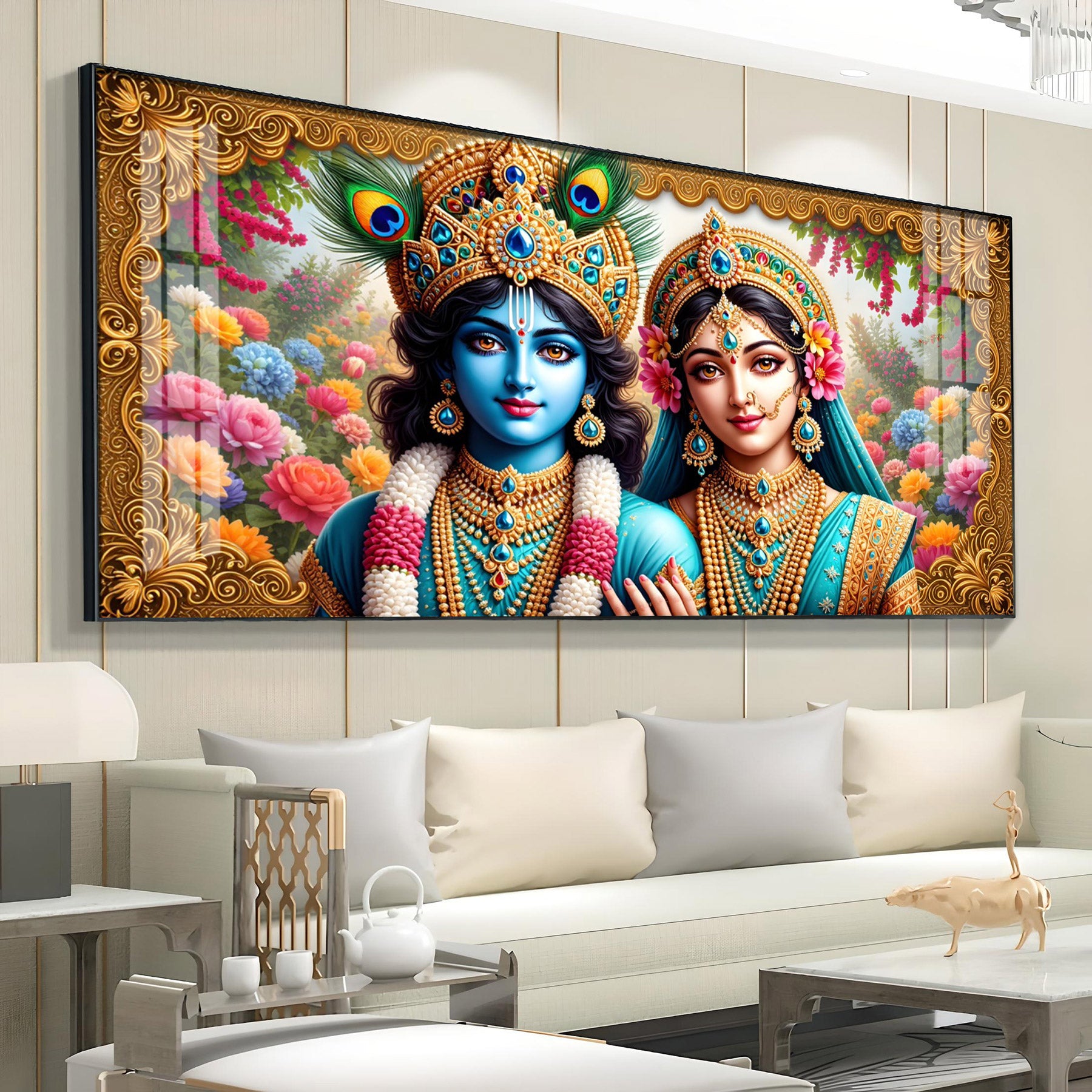 Radha Krishna In Floral Premium Acrylic Horizontal Wall Art
