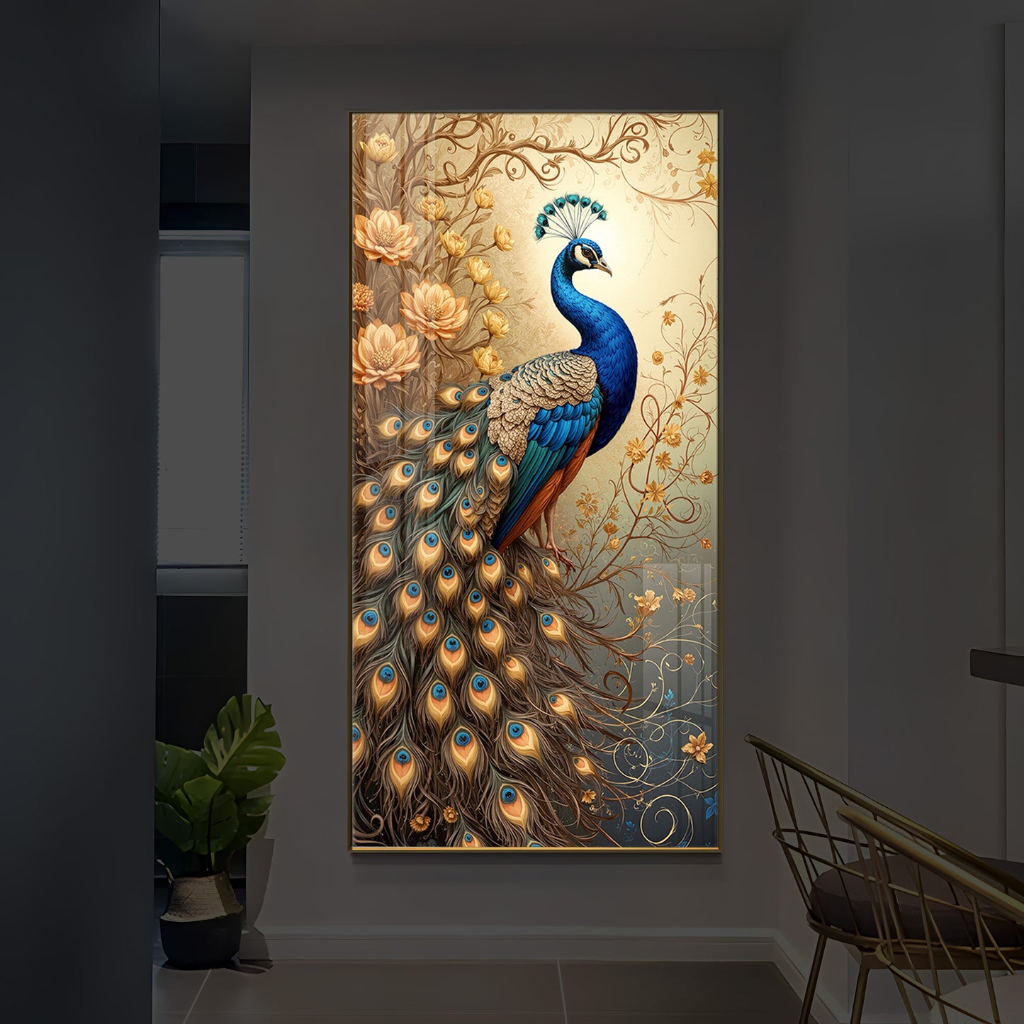 Beautiful Peacock Modern Luxury Backlight Vertical Wall Art