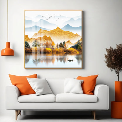 Sun Kissed Mountains Premium Acrylic Square Wall Art - 24X24 inches / Gold