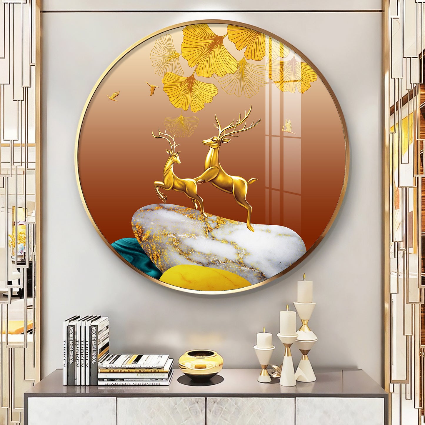 Golden Deer Duo Premium Acrylic Round Wall Art