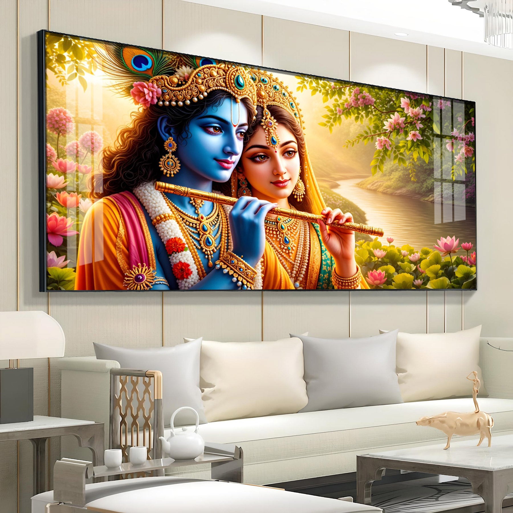 Radha Krishna Playing Flute Premium Acrylic Horizontal Wall Art