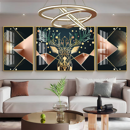 Golden Deer Mural Premium Acrylic Wall Art (Set of 3)