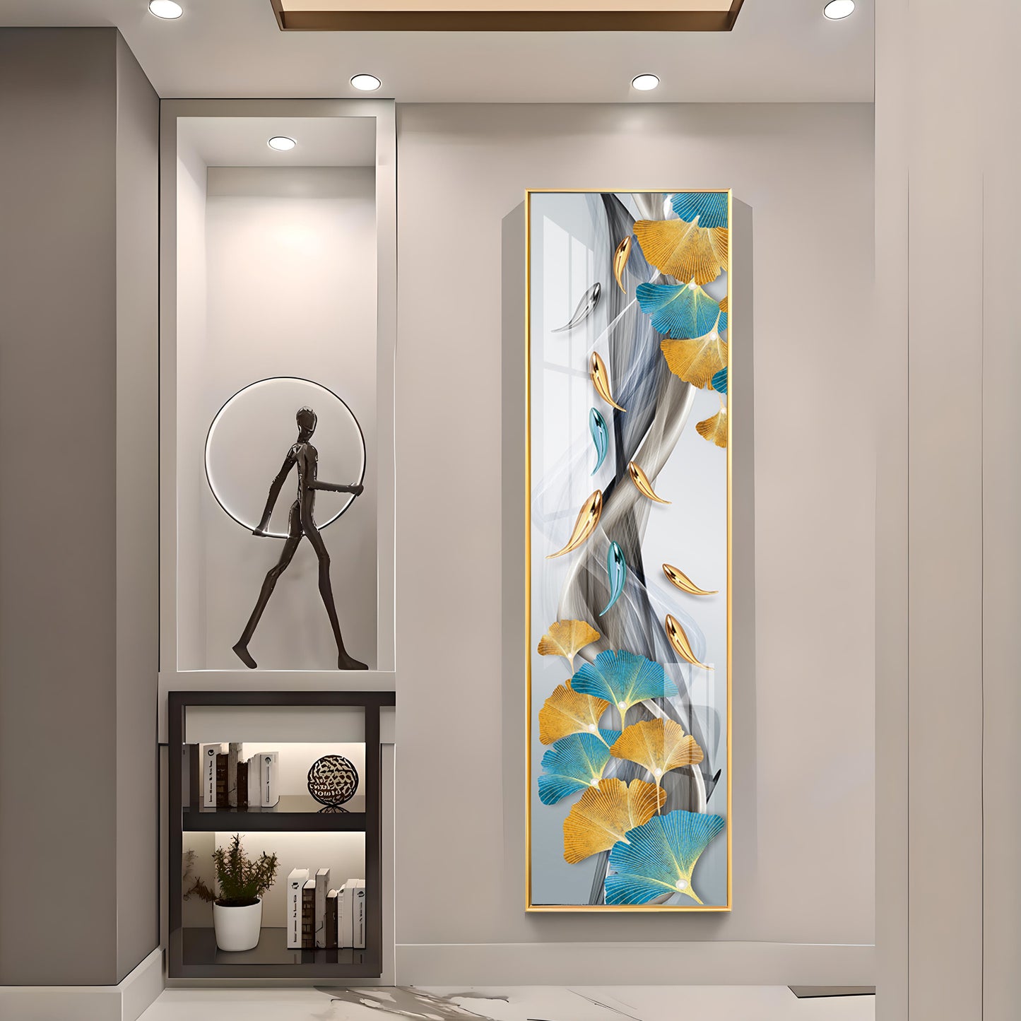 Blue & Golden Leaves With Fishes Premium Acrylic Vertical Wall Art