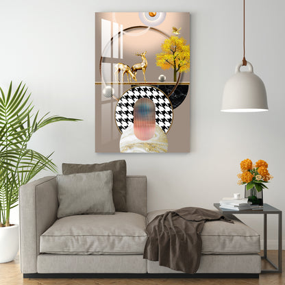 Golden Bird With Golden Deers Acrylic Wall Art