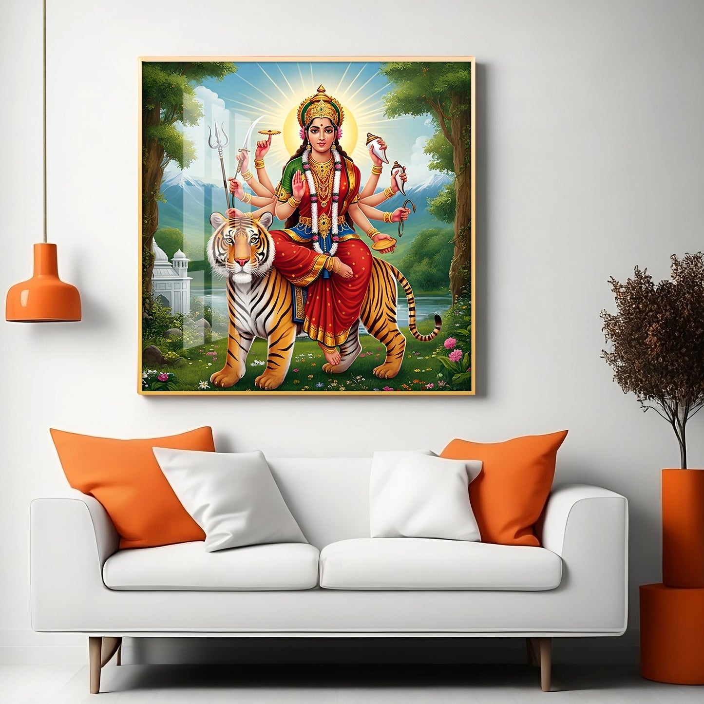 Hindu Goddess With Tiger Premium Acrylic Square Wall Art