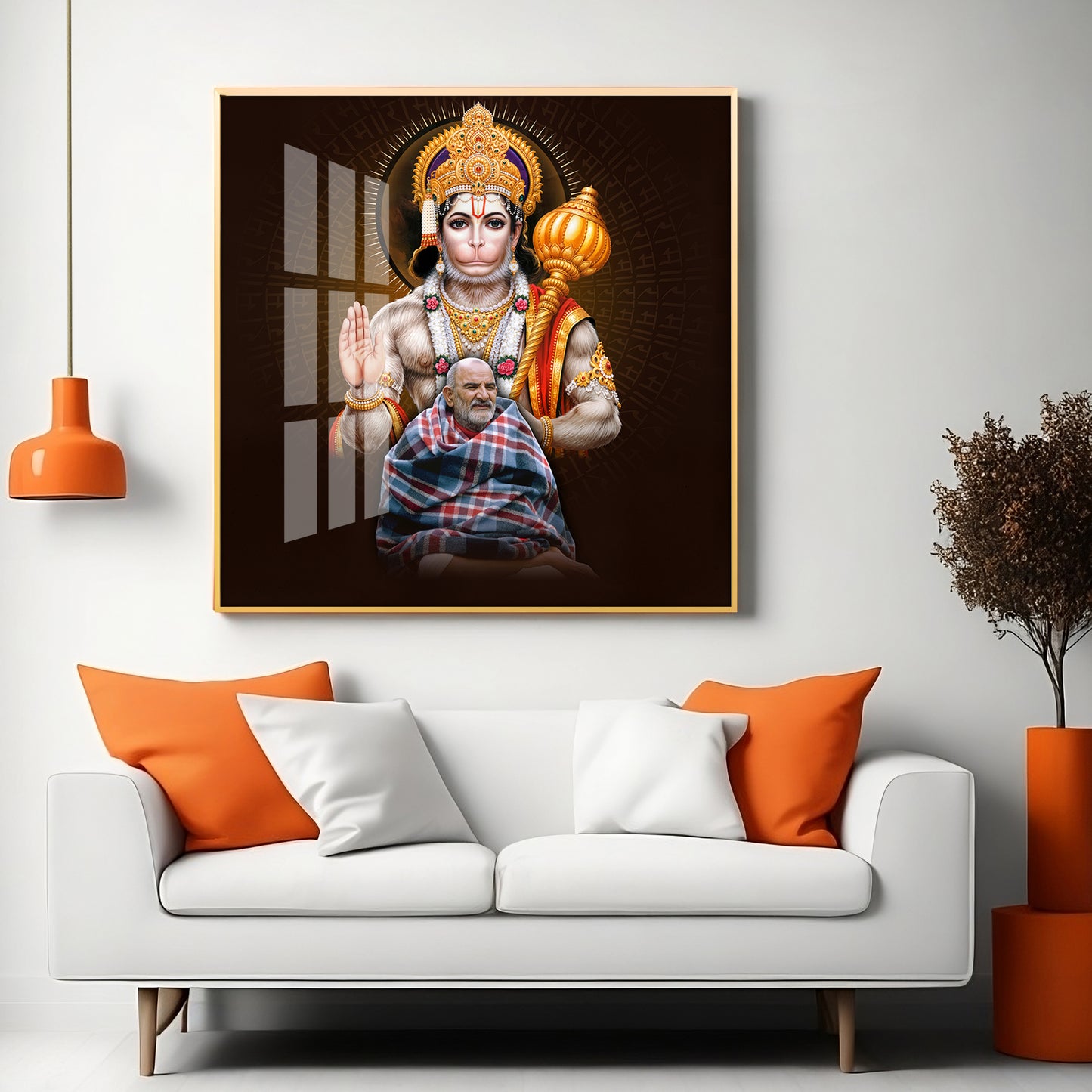 Lord Hanuman Ji and Need Karoli Baba Premium Acrylic Square Wall Art