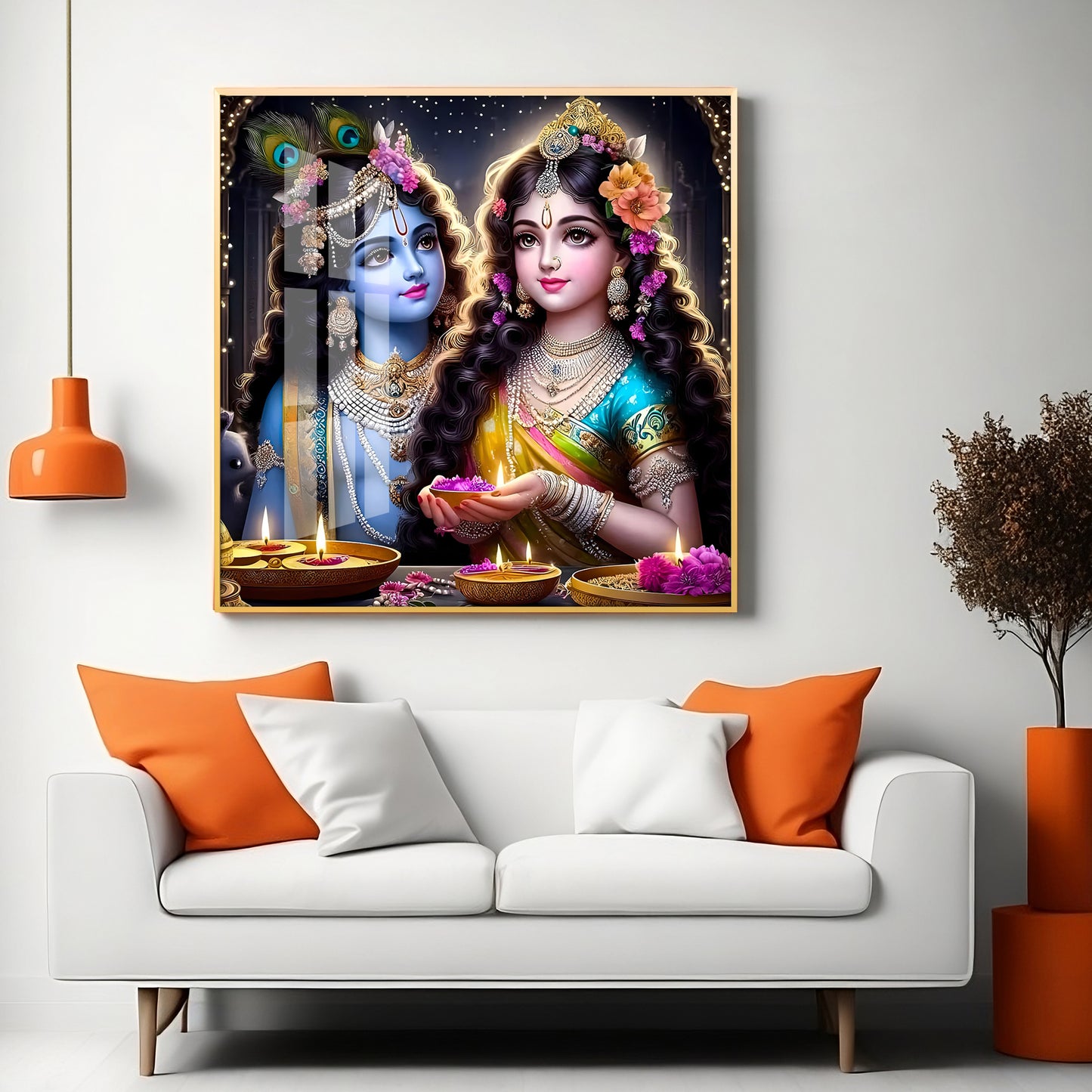 Glowing Krishna Radha Premium Acrylic Square Wall Art