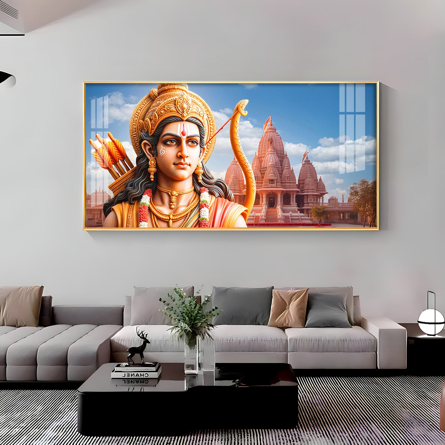 Lord Ram with Ram Mandir Premium Acrylic Horizontal Wall Art