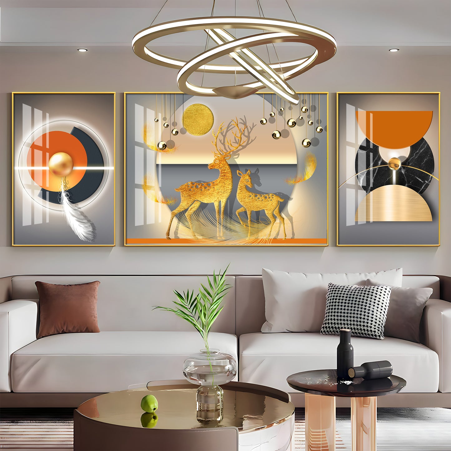 Golden Deers Premium Acrylic Wall Art (Set of 3)