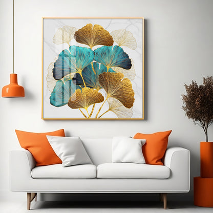 Golden Blue Ginkgo Leaf Premium Acrylic Square Wall Art