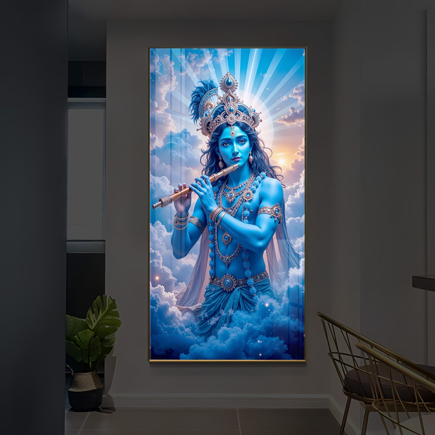 Lord Shri Krishna Modern Luxury Backlight Vertical Wall Art