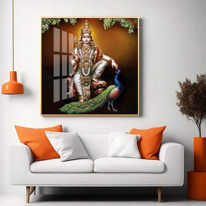 Lord Murugan With Peacock Premium Acrylic Square Wall Art