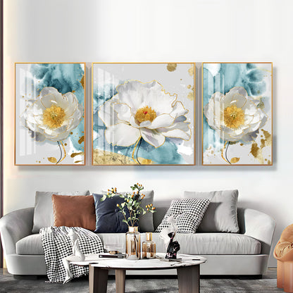 White Peony Blossom Flowers Premium Acrylic Wall Art (Set of 3)