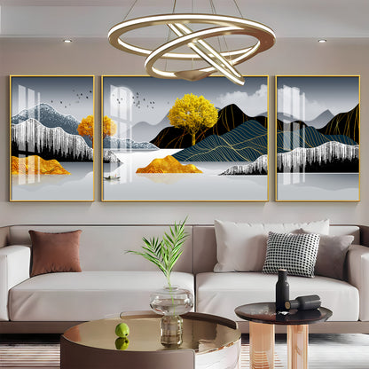 Mountains With Golden Tree Premium Acrylic Wall Art (Set of 3)