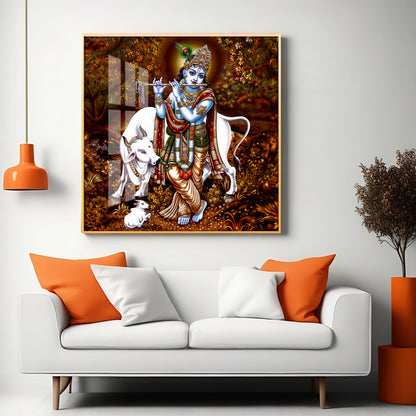 Beautiful Lord Krishna With Cow Premium Acrylic Square Wall Art