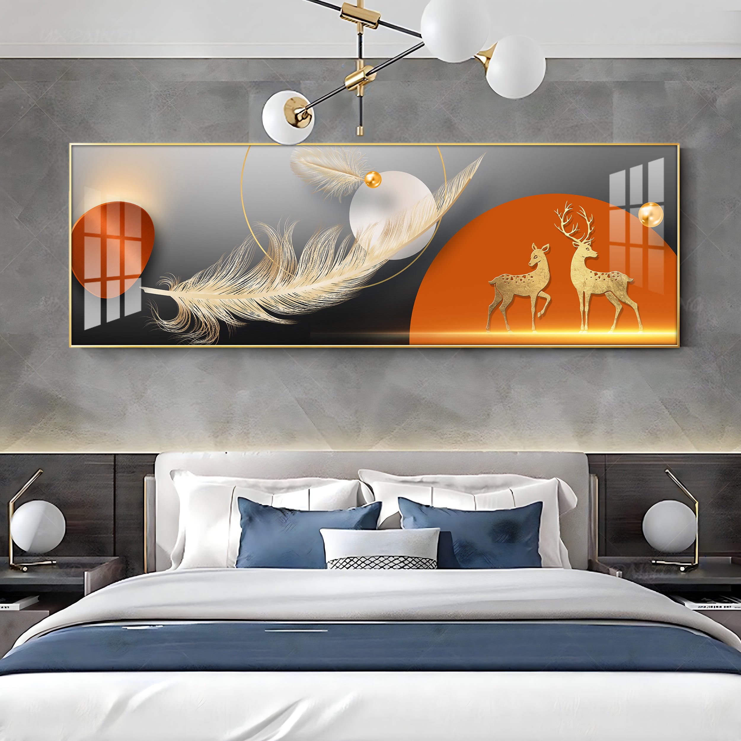 Golden Deers With Feathers Premium Acrylic Horizontal Wall Art