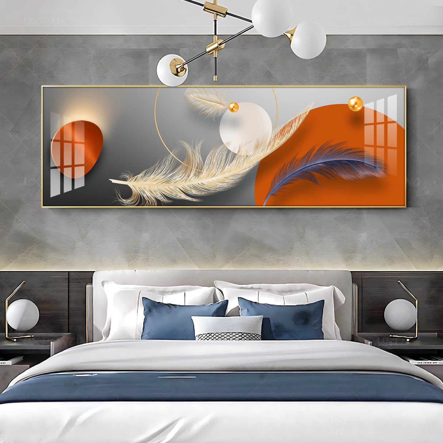 Feathers With Orange Circle Premium Acrylic Horizontal Wall Art