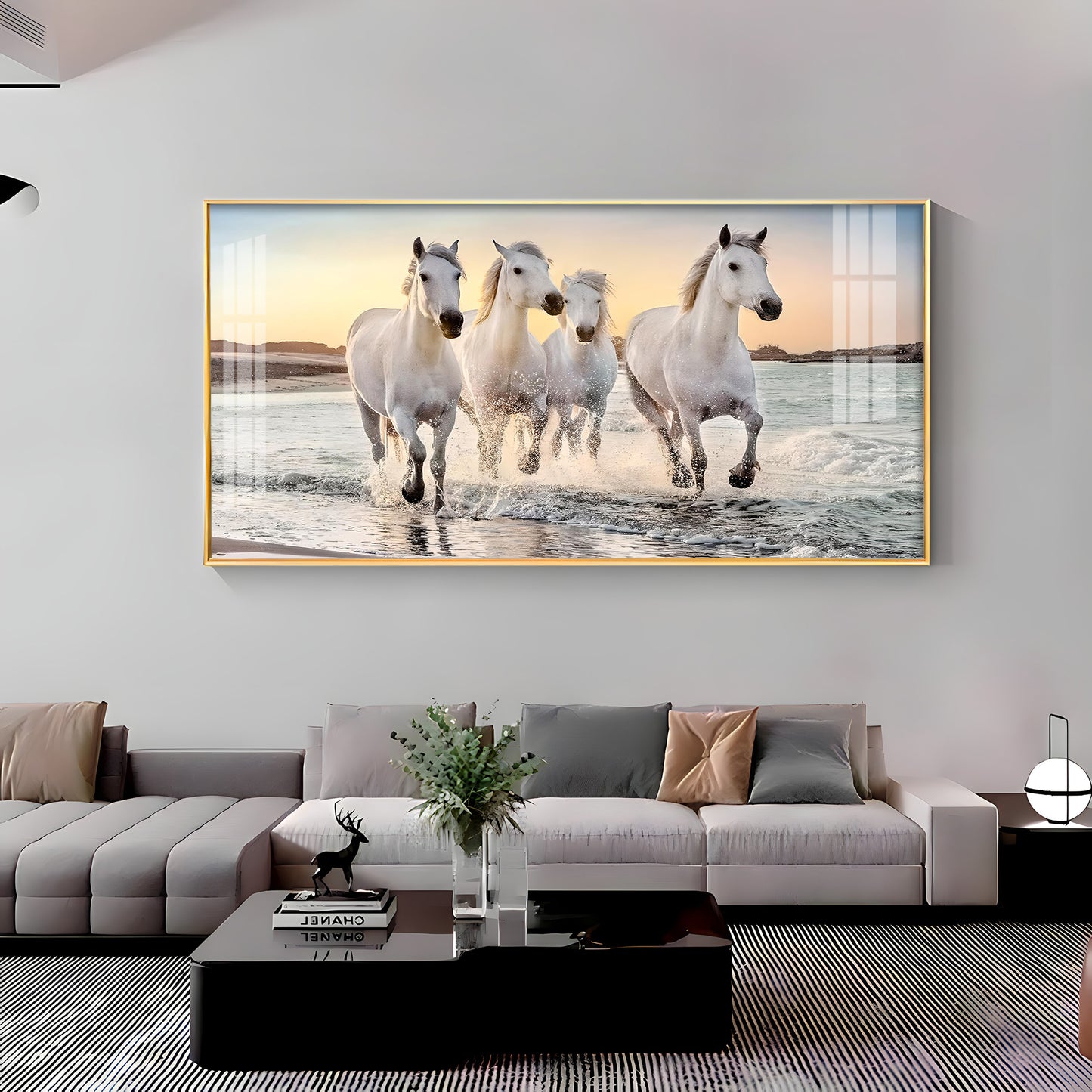 White Running Horses in The Sea Premium Acrylic Horizontal Wall Art