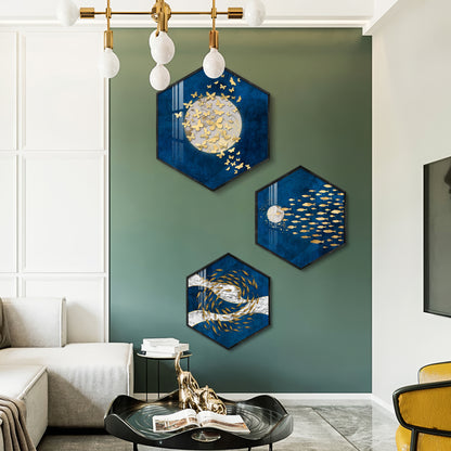Golden Fish And Butterfly Premium Acrylic Hexagon Wall Art (Set of 3)