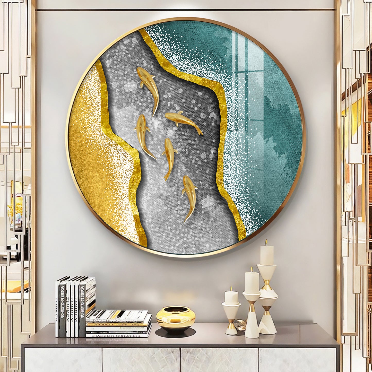 Koi Fish In Waves Premium Acrylic Round Wall Art
