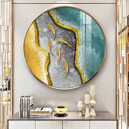 Koi Fish In Waves Premium Acrylic Round Wall Art