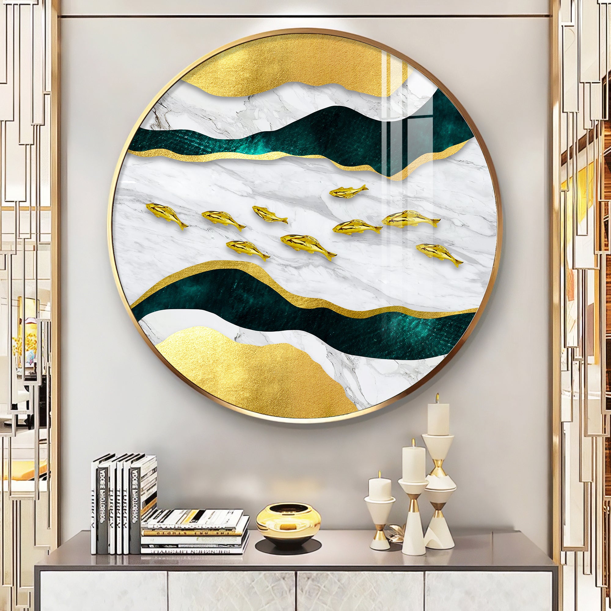 Noir & Gold Fish Premium Acrylic Round Wall Art