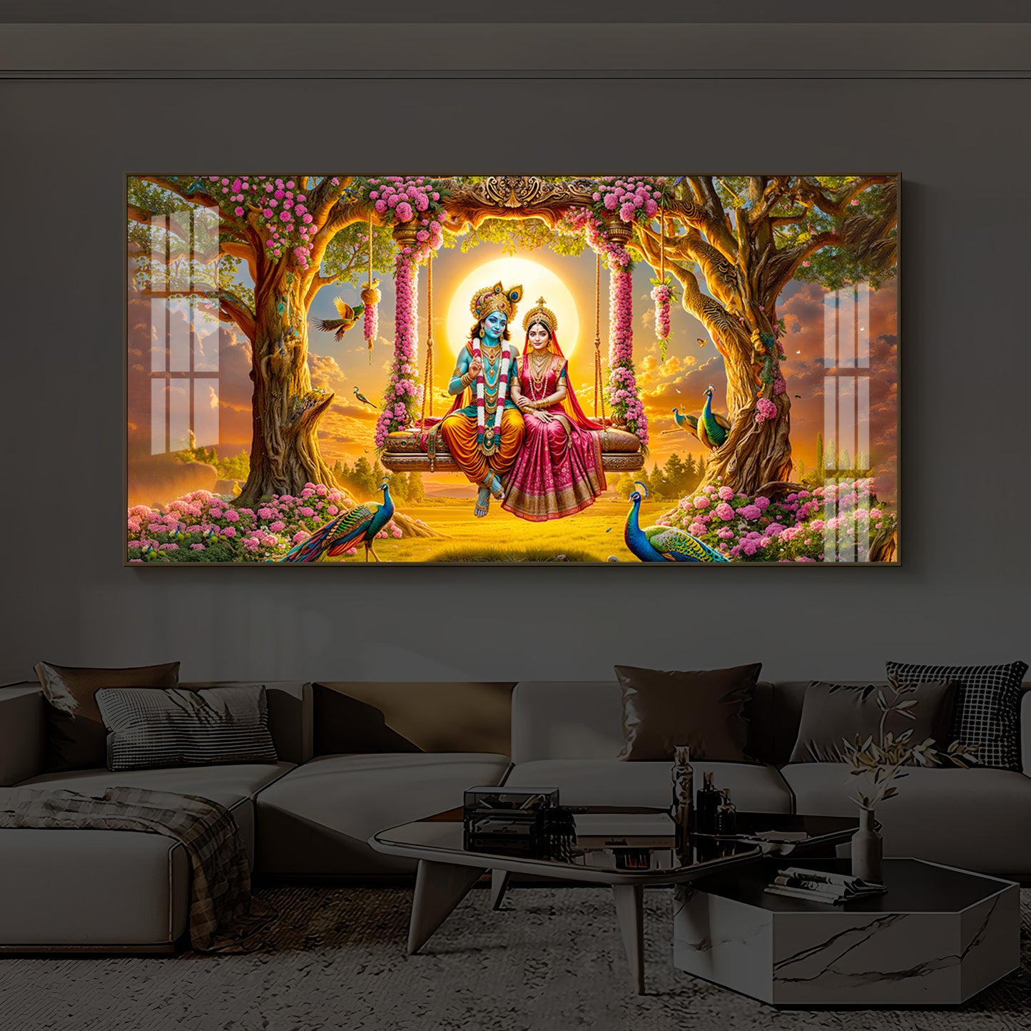 Loving Couple Lord Radha Krishna Modern Luxury Backlight Horizontal Wall Art