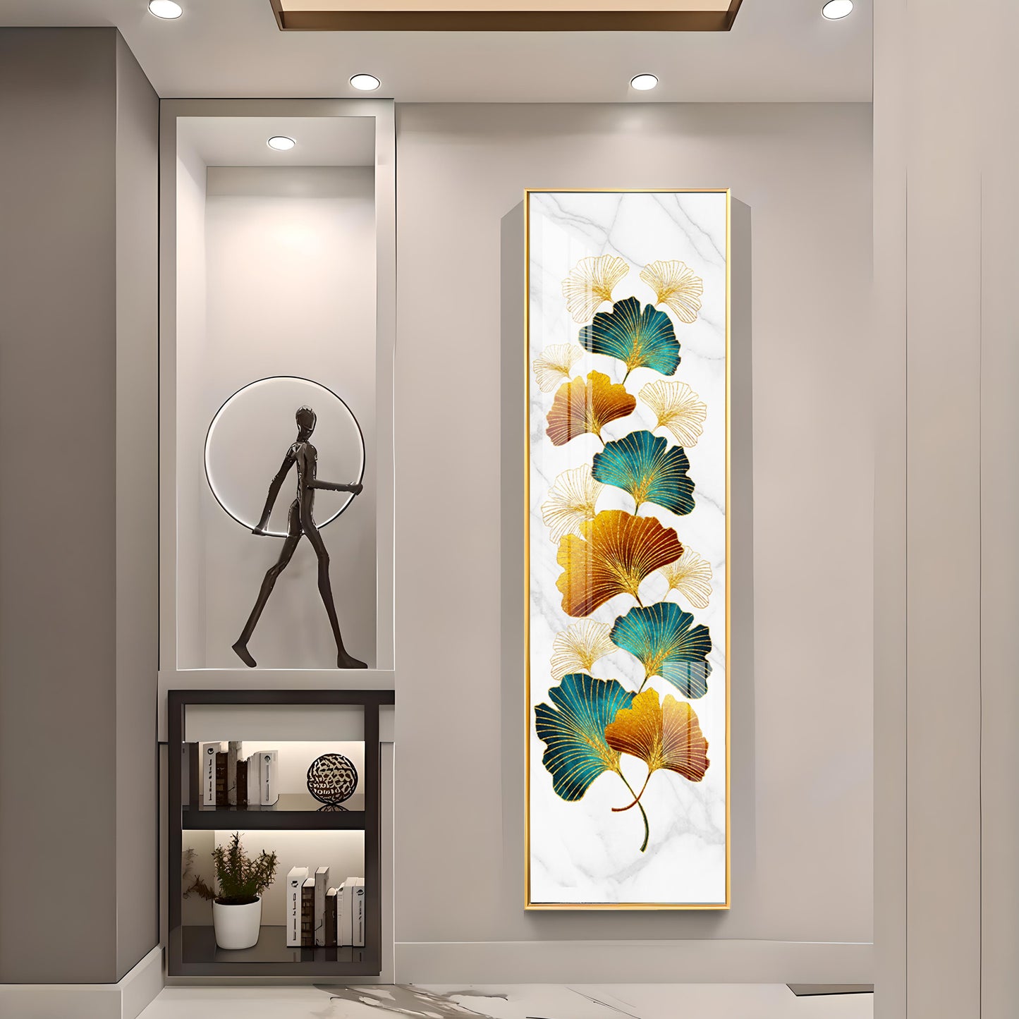 Golden Green Leaves Premium Acrylic Vertical Wall Art