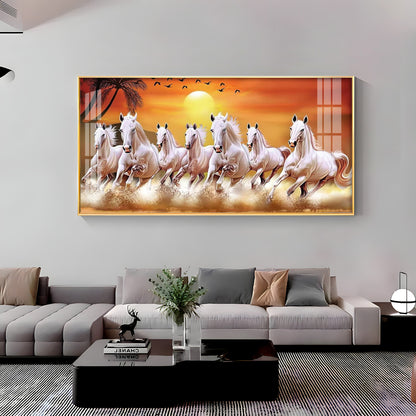 7 White Running Horses in The Sea With Sunrise Premium Acrylic Horizontal Wall Art