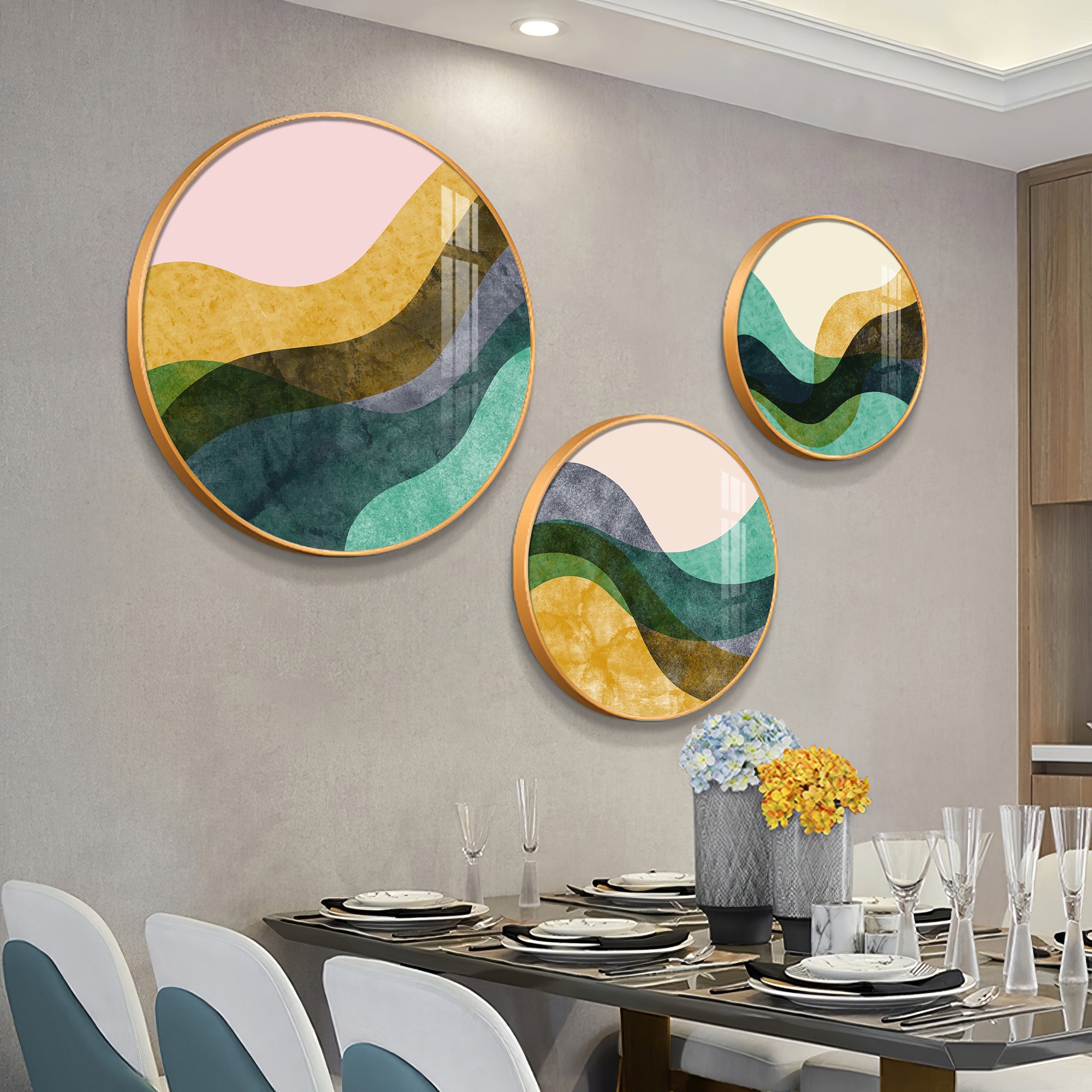 Wave Abstract Premium Acrylic Round Wall Art (Set of 3)
