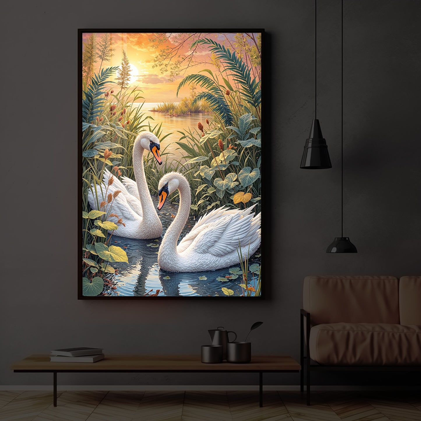 Two Swan Modern Luxury Backlight Vertical Wall Art
