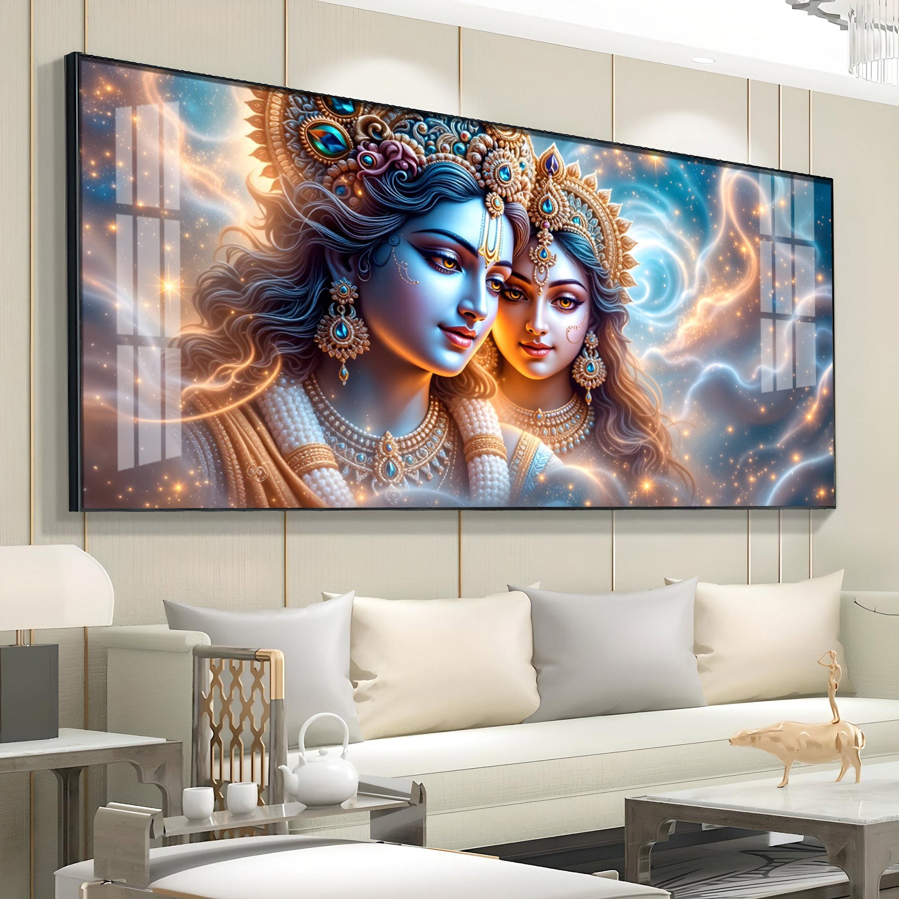 Shri Krishna And Radha In Nebula Cloud Premium Acrylic Horizontal Wall Art