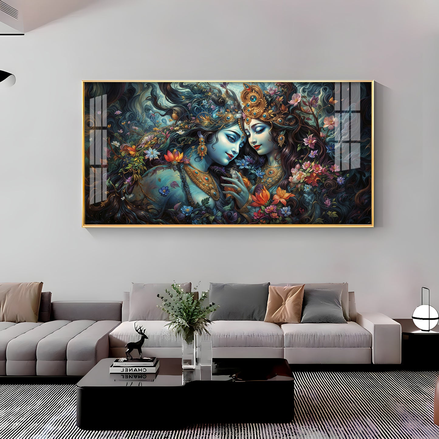 Mystical Love Of Radha Krishna Luxury Crystal Horizontal Wall Art