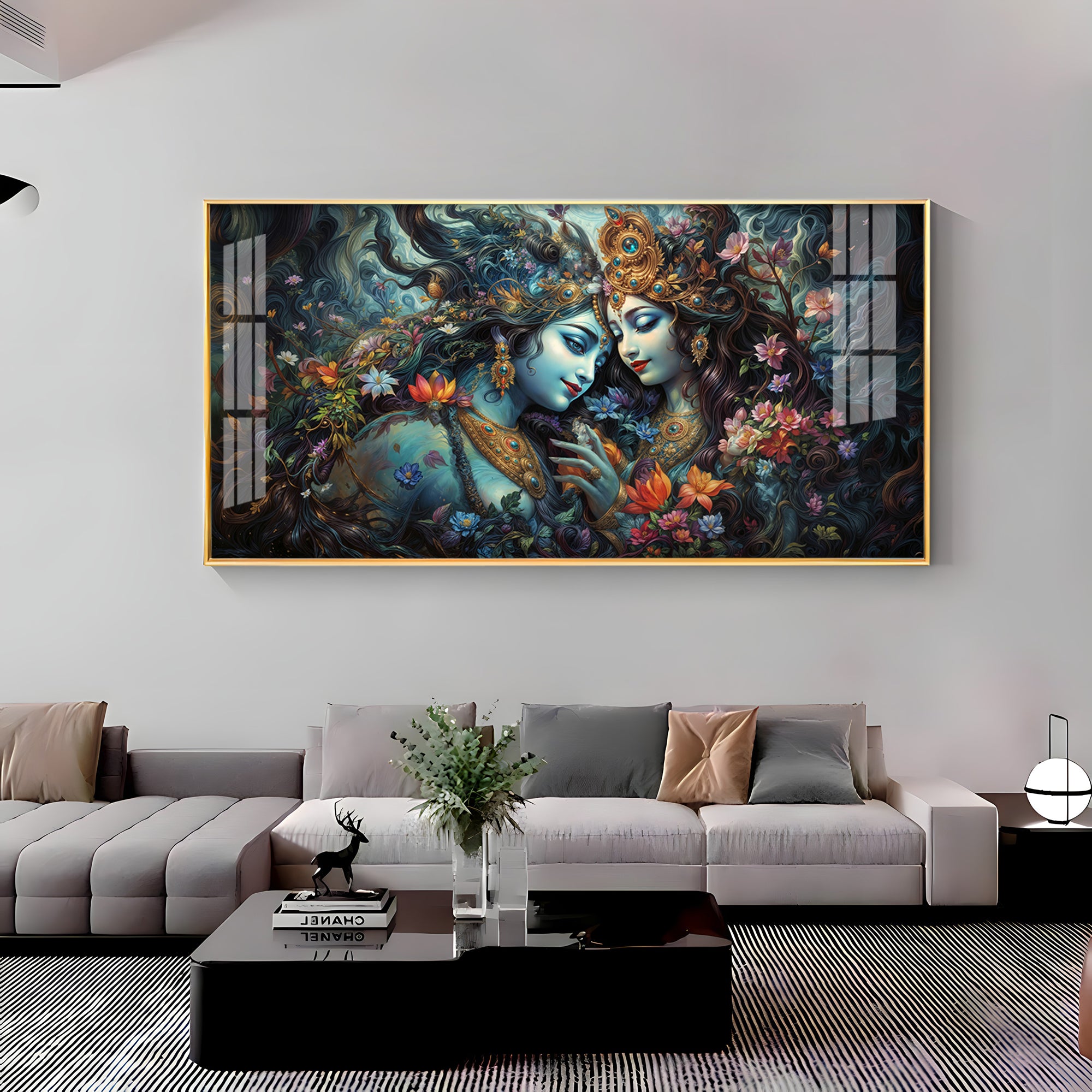 Mystical Love Of Radha Krishna Luxury Crystal Horizontal Wall Art