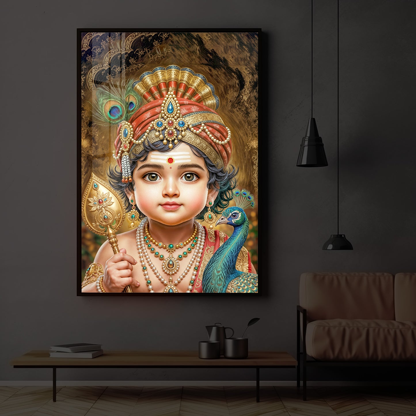 Little Murugan With Peacock Modern Luxury Backlight Vertical Wall Art