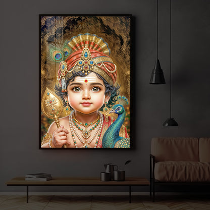 Little Murugan With Peacock Modern Luxury Backlight Vertical Wall Art