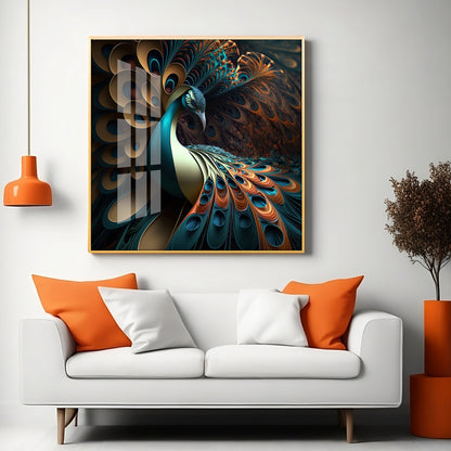 Peacock Is Shown With Large Feather Premium Acrylic Square Wall Art