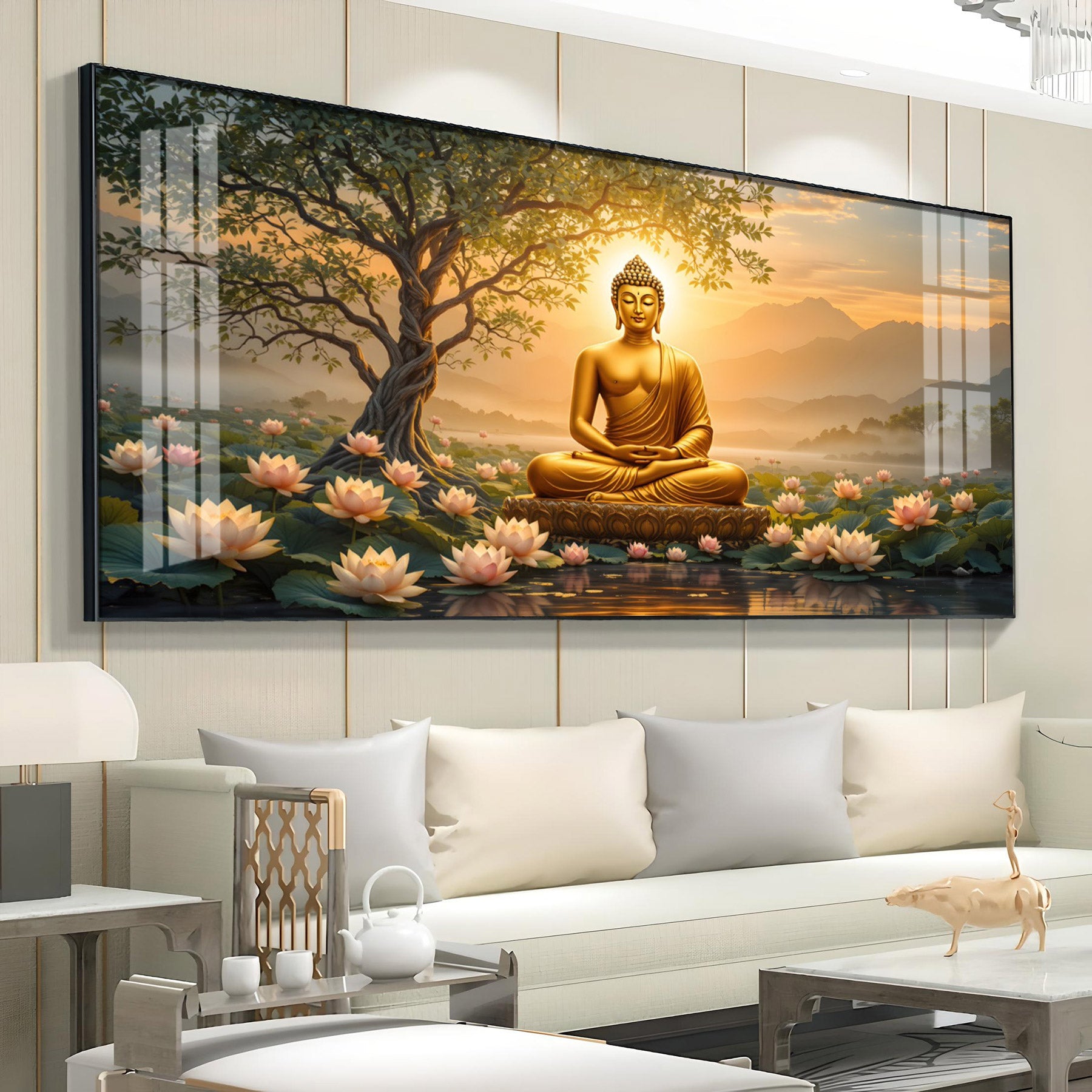 Blissful Buddha With Lotus Petal Premium Acrylic Horizontal Wall Art