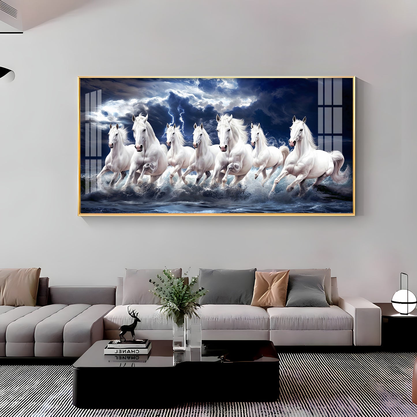 Seven White Horses Gallop In the Sea Premium Acrylic Horizontal Wall Art