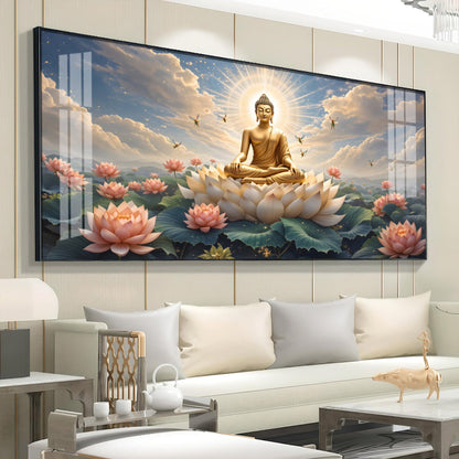 Peaceful Buddha On Lotus Premium Acrylic Horizontal Wall Art - 40X20 inches / Gold